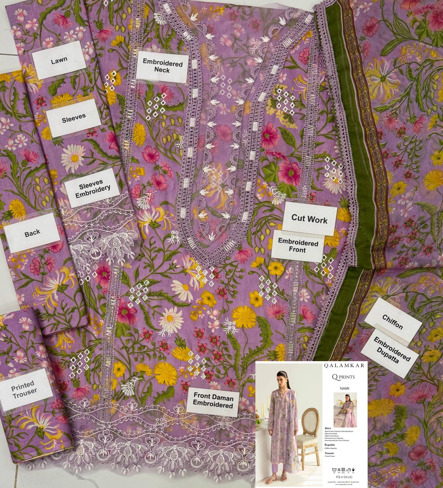 Grace S1134-Embroidered 3pc CHIKANKARI Lawn dress with Printed Chiffon Dupatta.