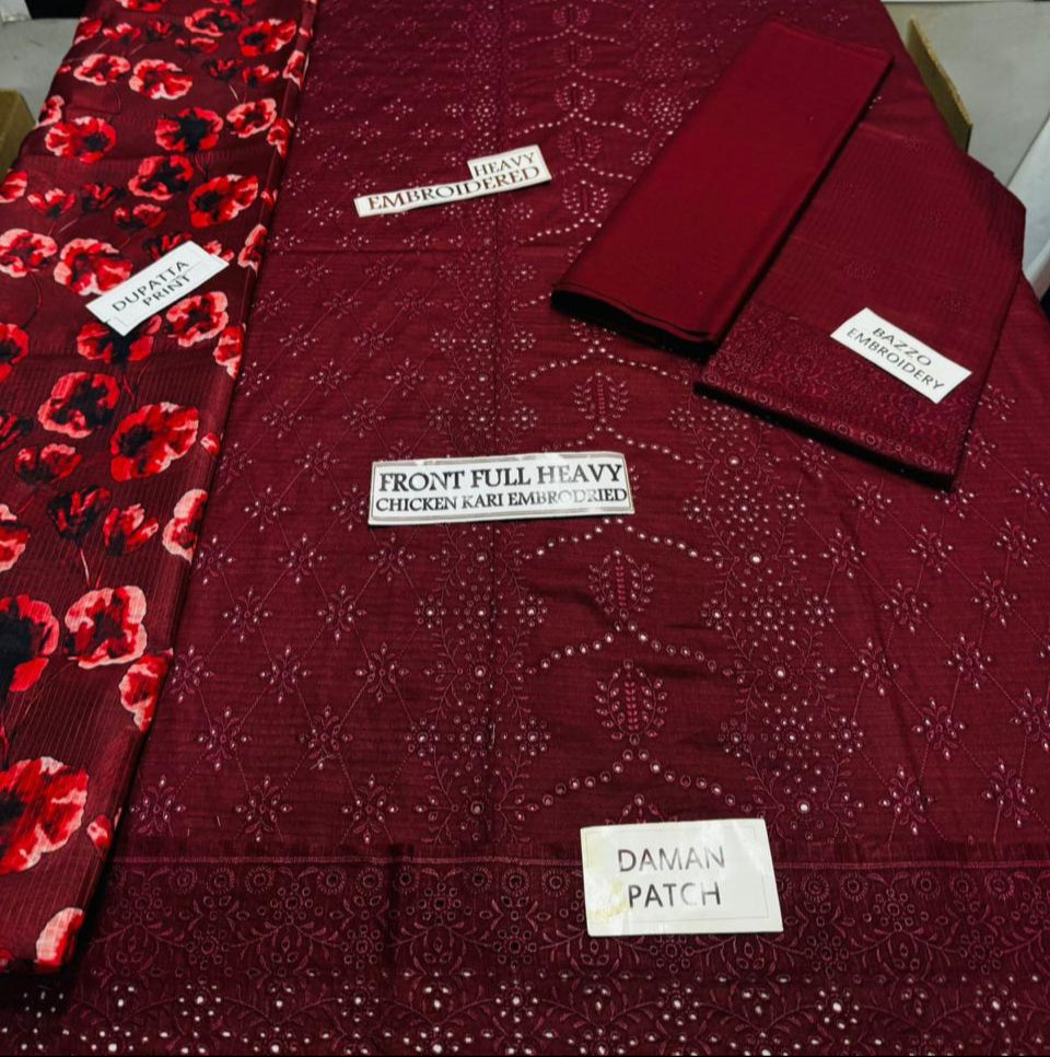 Grace S1195-Embroidered 3pc CHICKANKARI Lawn Dress With Printed Munar Dupatta.