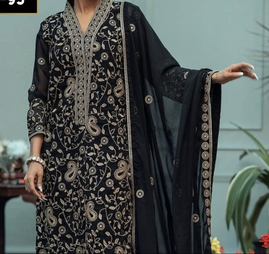 Grace W648-Embroidered 3pc Linen Dress with Embroidered Chiffon Dupatta.