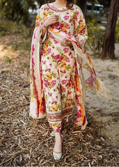 Grace S1353 - Printed & Embroidered 3pc Lawn Dress With Embroidered  Sequence Chiffon Dupatta.