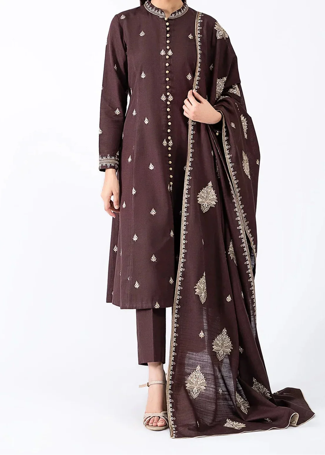 Grace Z-(W905) - Stitched Embroidered 3pc Marina Dress With Embroidered Marina Shawl.