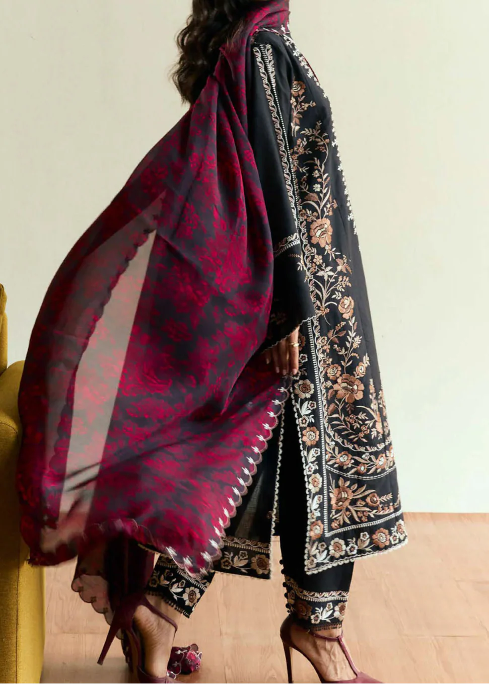 Grace W738-Embroidered 3pc Marina Dress With Printed Shawl.