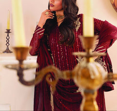 DEEP CLARET– Embroidered Chiffon Unstitched 3Pc Suit.
