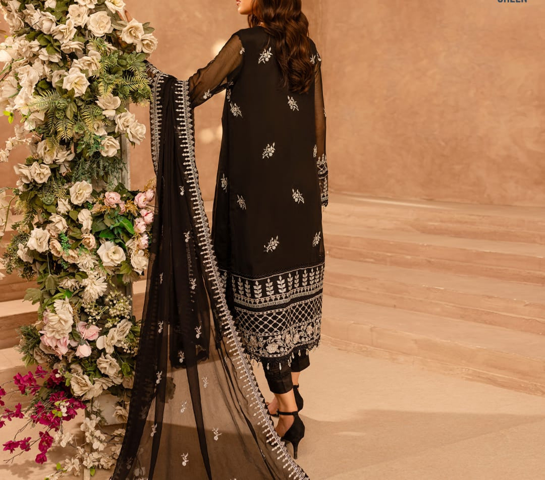 PITCH BLACK– Embroidered Chiffon Unstitched 3Pc Suit.