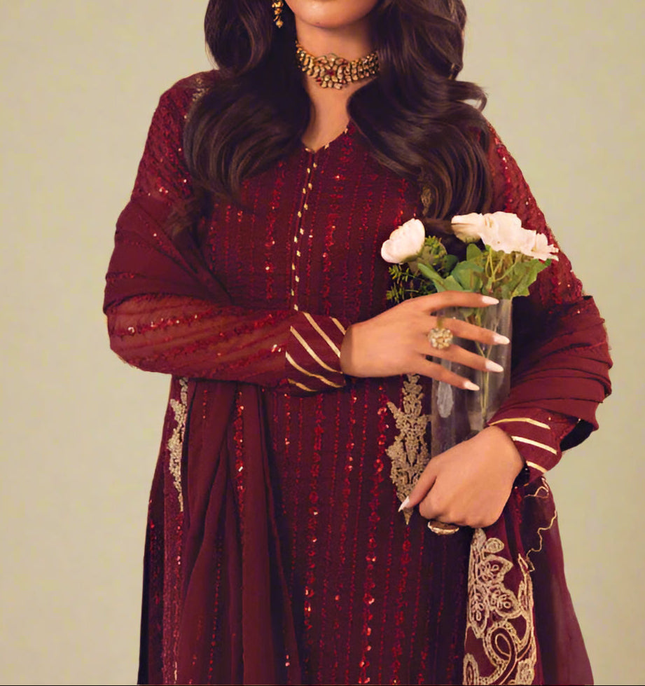 DEEP CLARET– Embroidered Chiffon Unstitched 3Pc Suit.