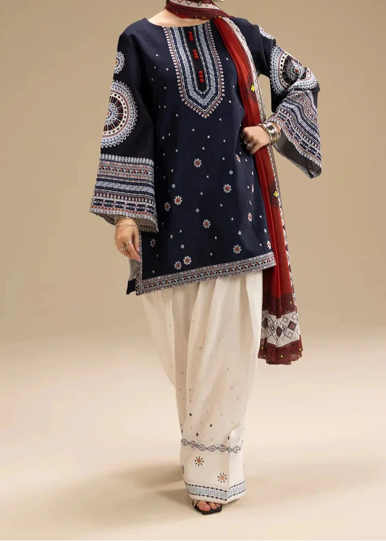 Grace W694-Embroidered 3pc Linen Dress With Printed Shawl