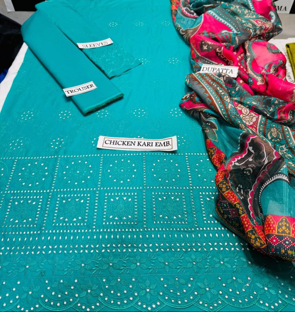 Grace S954-Embroidered 3PC CHIKANKARI Lawn Dress With Printed Munar Dupatta.