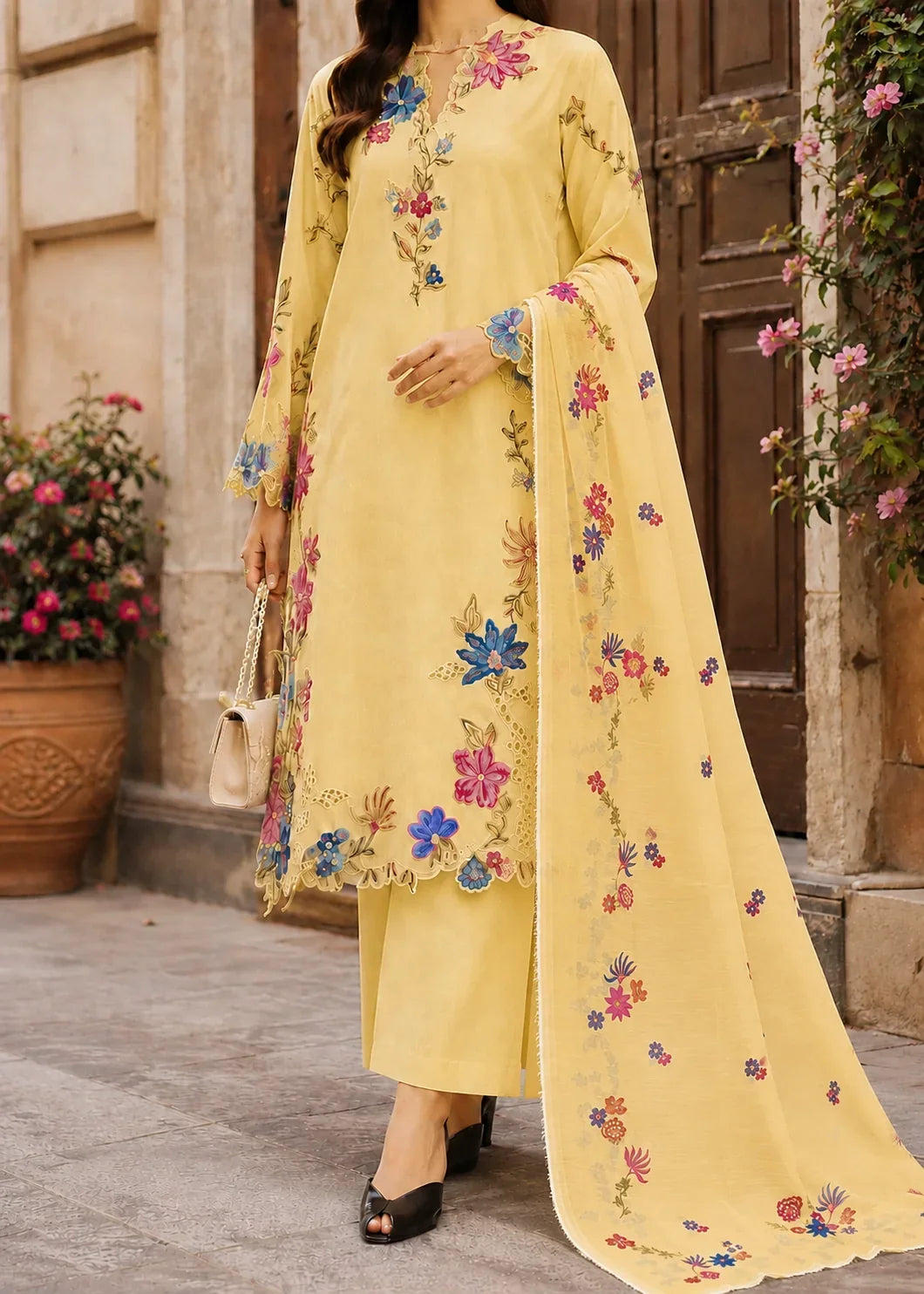 Grace Z-(S1500) - Stitched Embroidered 3pc CHIKANKARI Lawn Dress With Printed Lawn Dupatta.