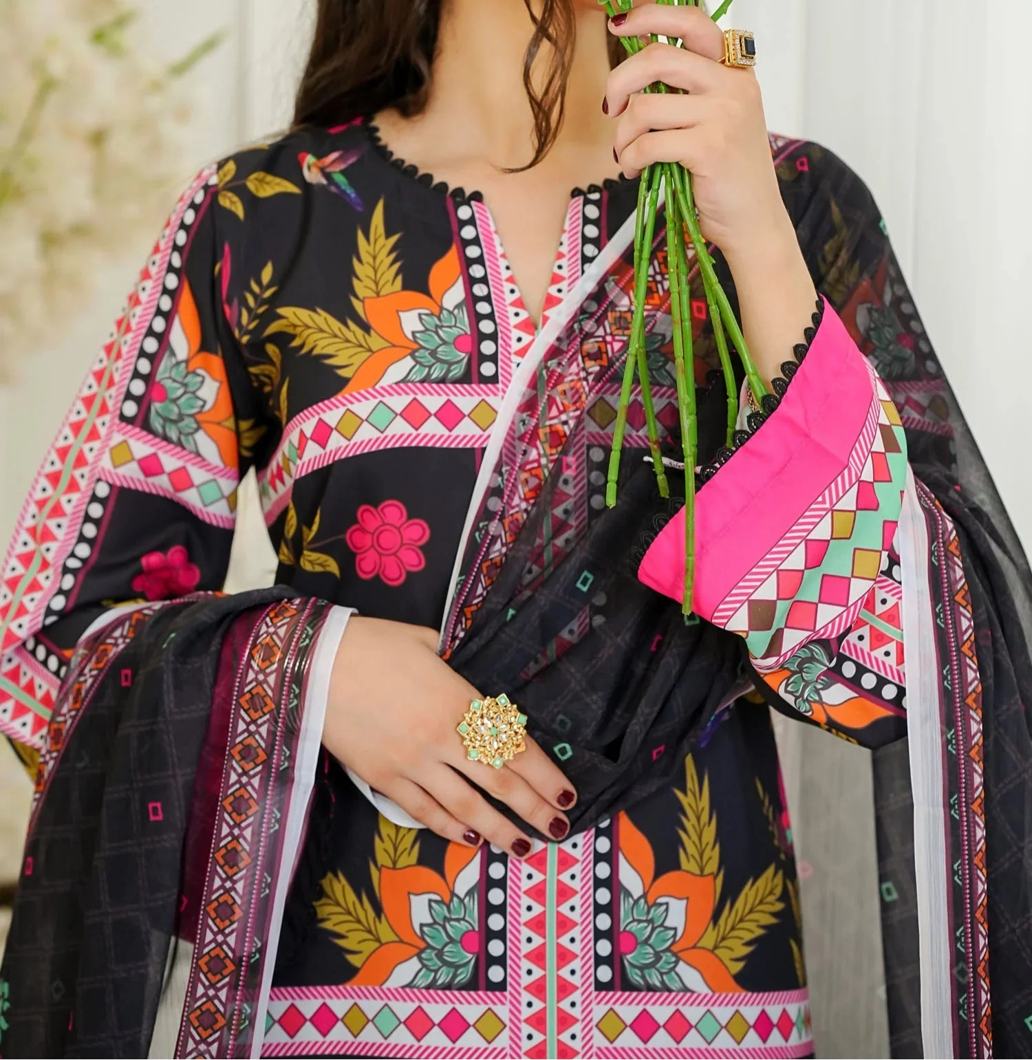 Grace W701 - Digital Printed 3pc Silk dress With Digital Printed Silk  Dupatta.