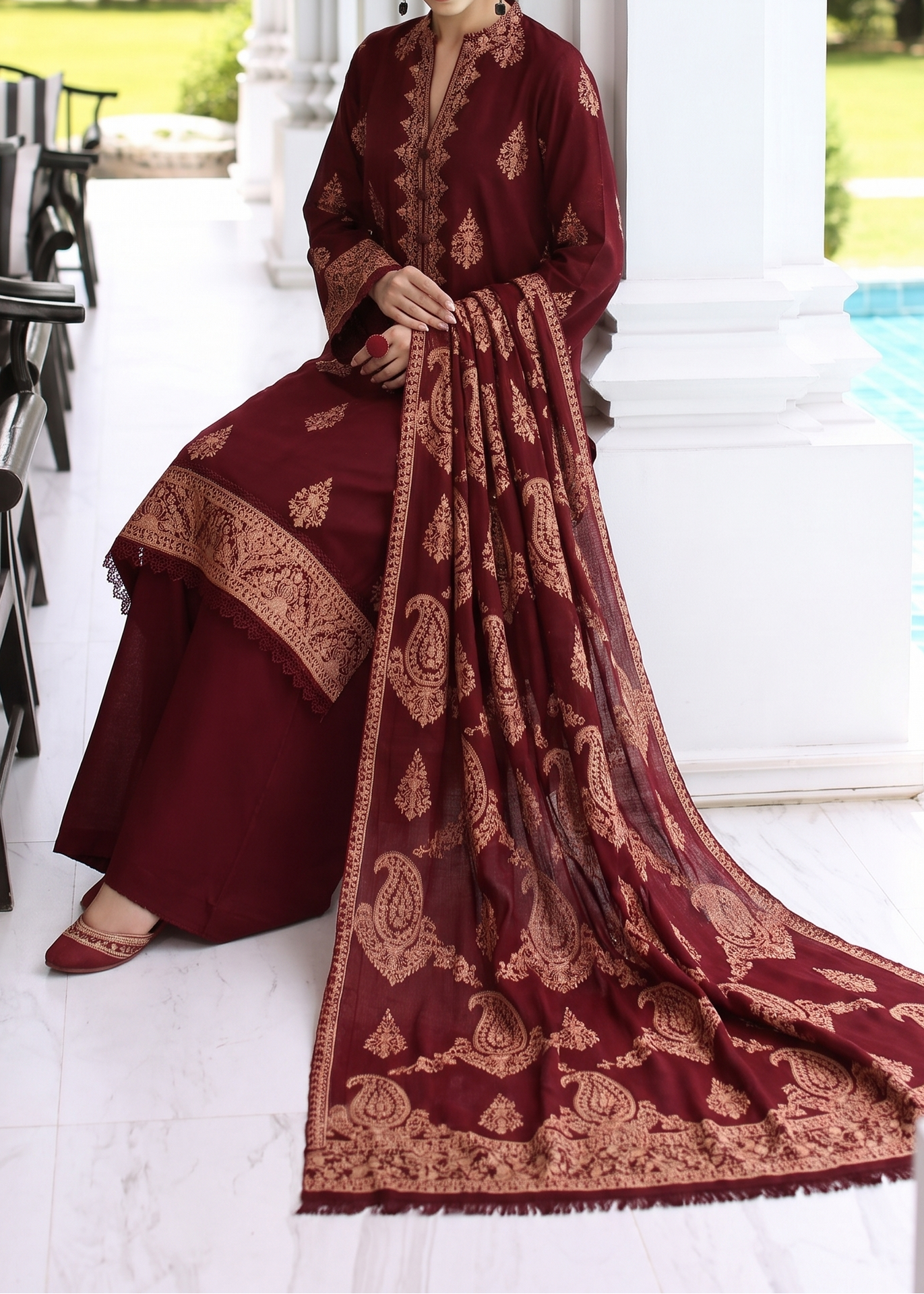 Grace W1039-Embroidered 3pc Marina Dress With Embroidered Marina Shawl.