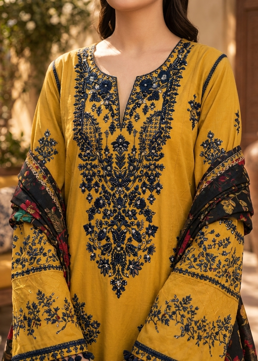 Grace W1074-Embroidered 3pc Marina Dress With Printed Shawl.