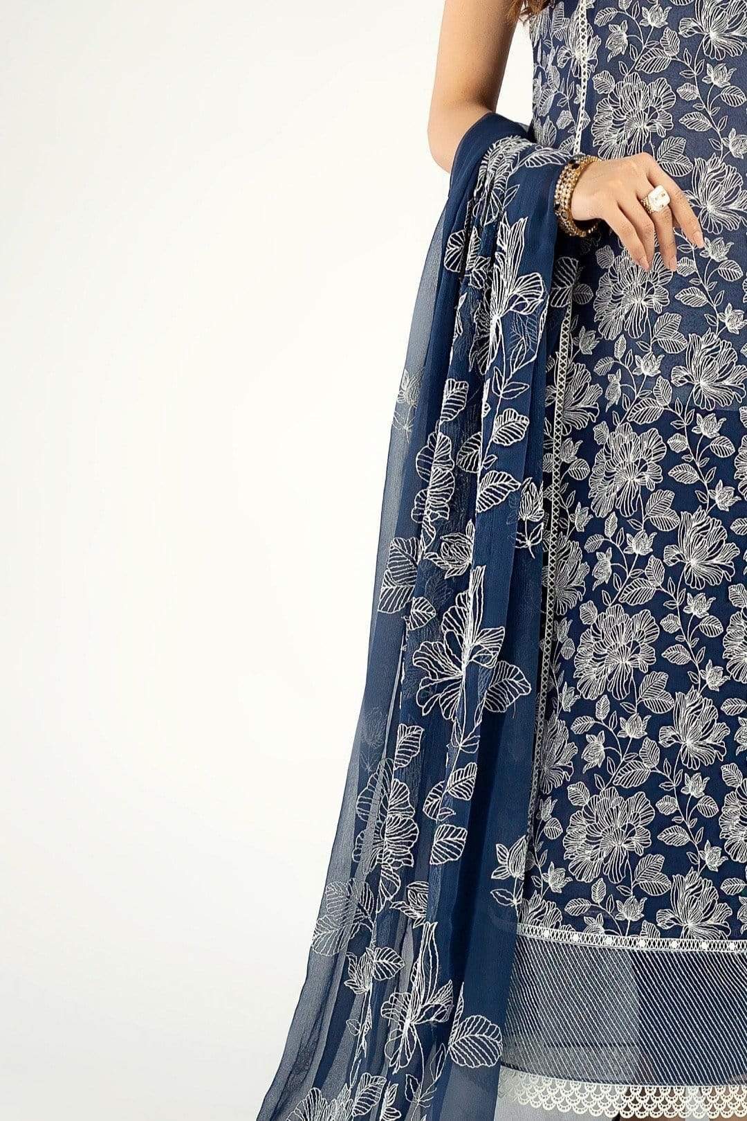 GRACE A7-Embroided 3pc linen dress with embroidered chiffon dupatta.