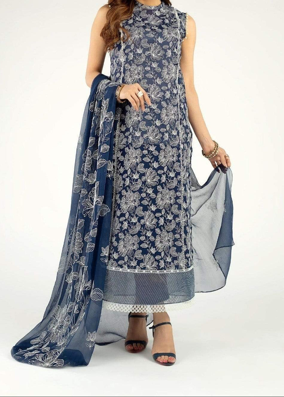 GRACE A7-Embroided 3pc linen dress with embroidered chiffon dupatta.