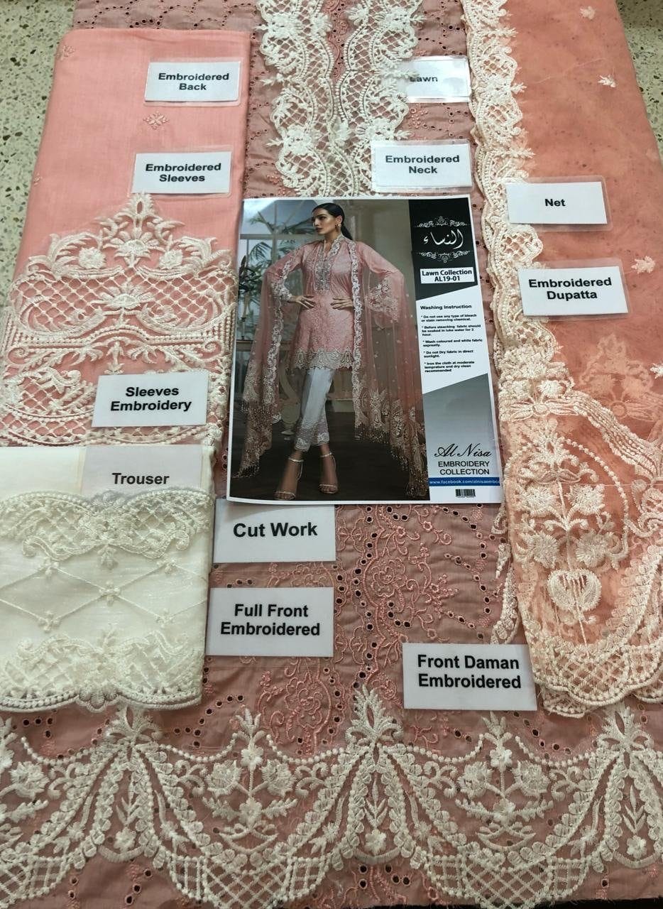 Anaya peach (Pre-booking)-Embroided 3pc lawn chicken dress with embroided net dupatta. - gracestore.pk