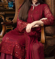 Cherry Red – Embroidered Chiffon Unstitched 3Pc Suit