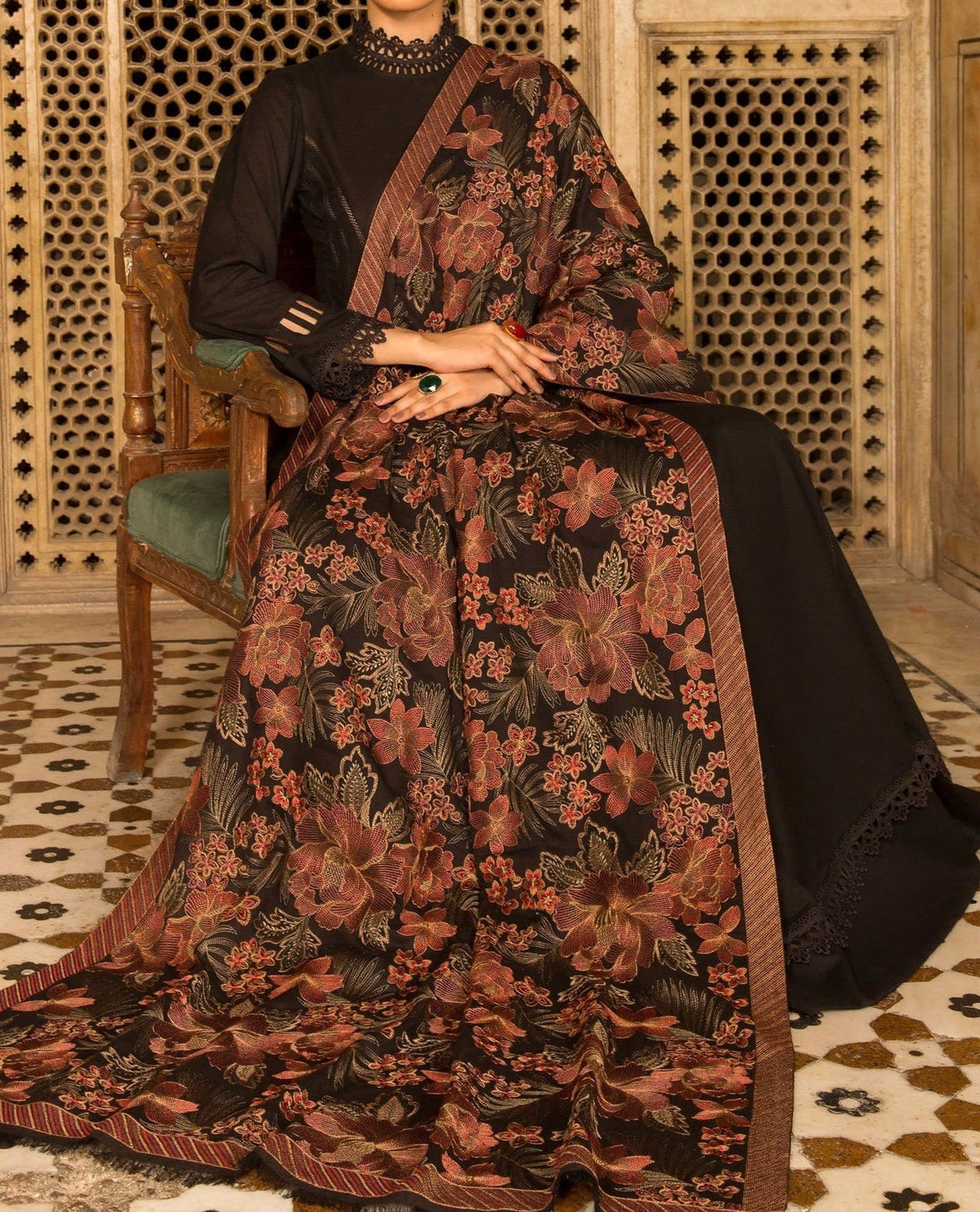 Sarinnah Premium D43-Luxury Formal Heavy Embroidered Karandi Shawl.