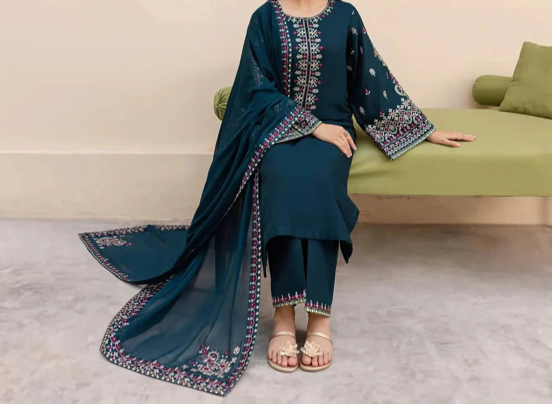 Grace Z(S1227)- Stitched Embroidered 3pc Lawn Dress With Embroidered Organza Dupatta.