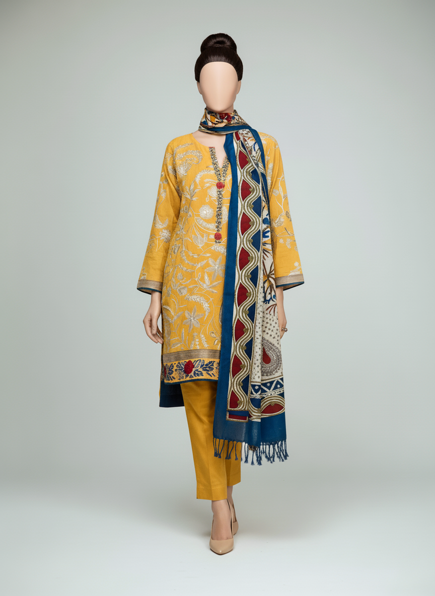 Grace W538-Embroidered 3pc khaddar dress With Printed shawl.